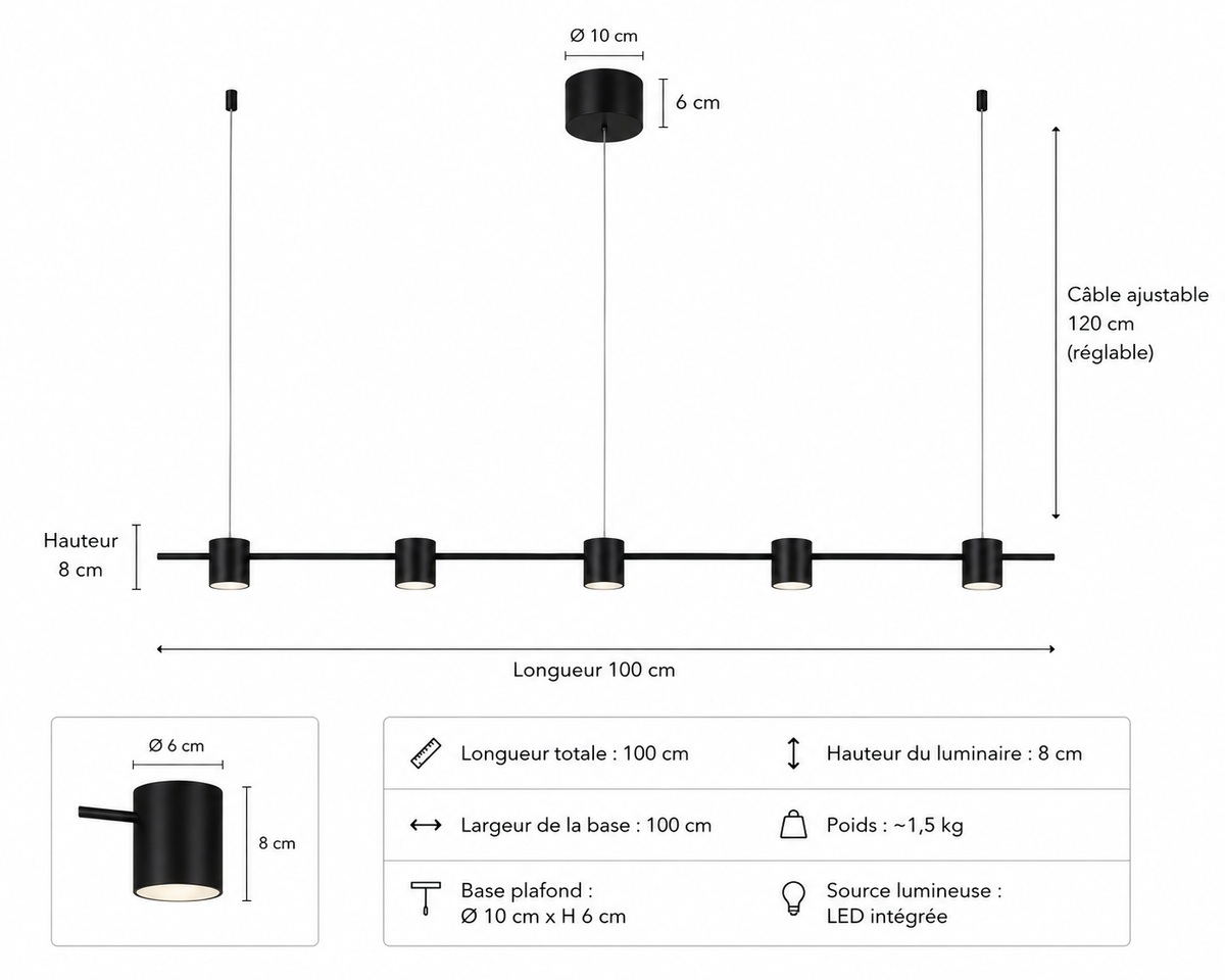 Lustre Linéaire à 5 Lampes - Noir