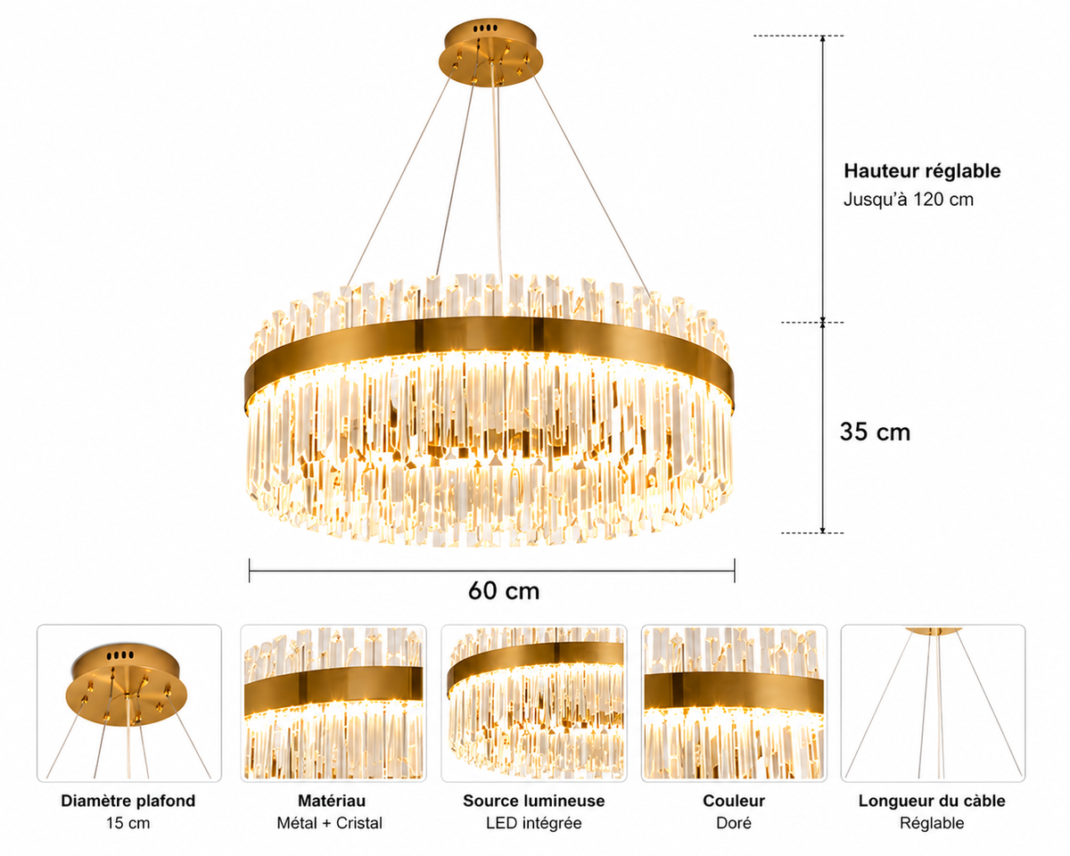 Lustre Cristal Auréa – Suspension LED Dorée