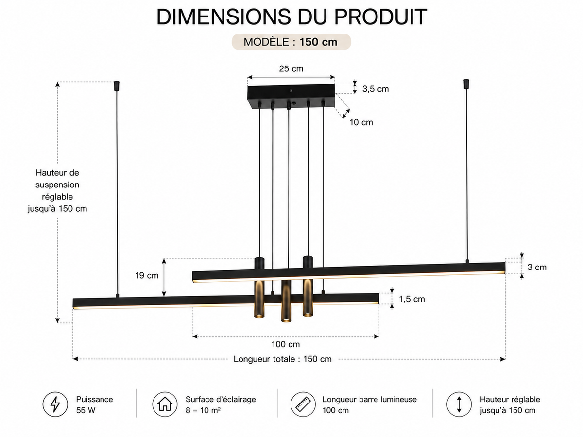 Lustre Linéaire Design & Moderne - Noir