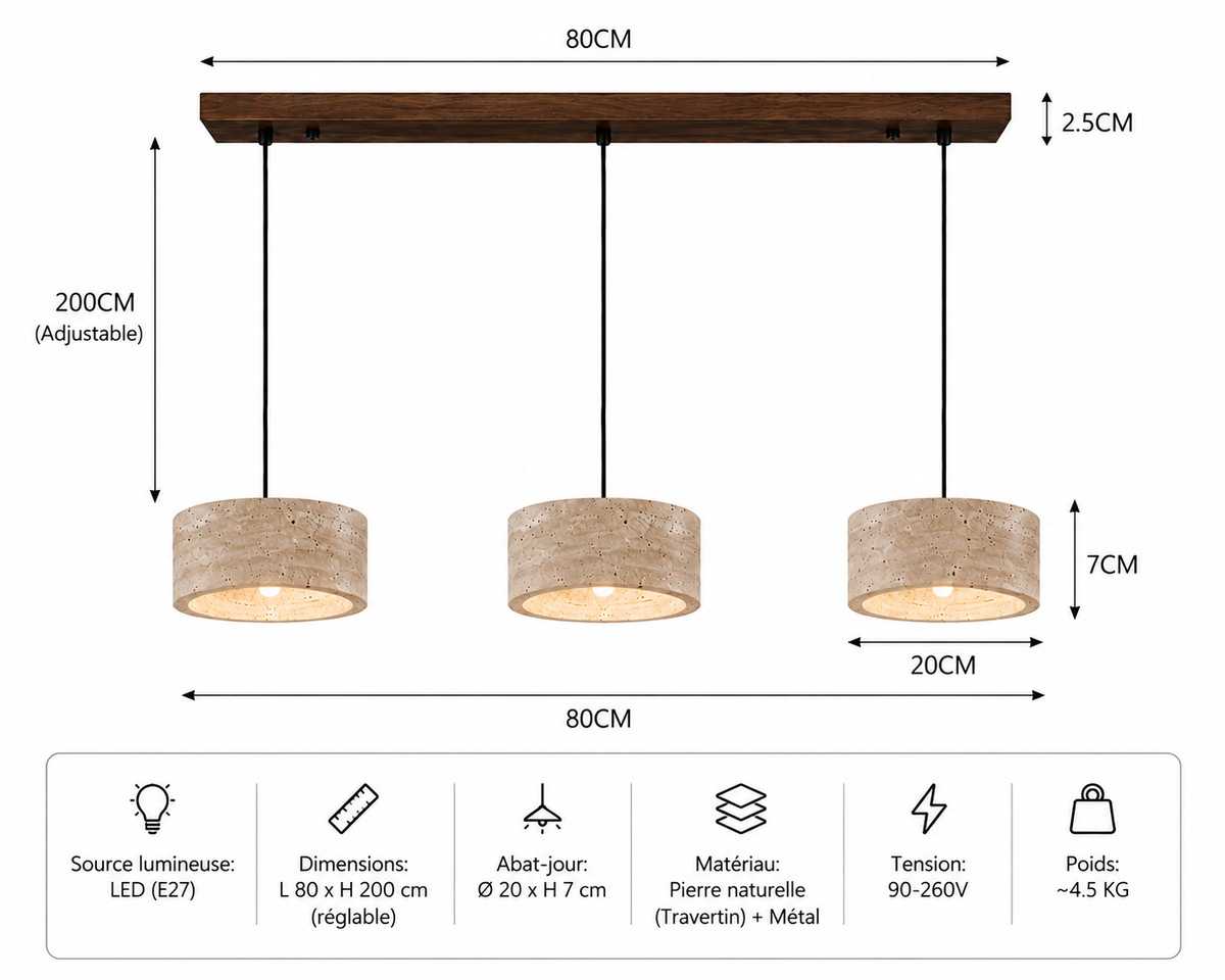 Lustre en Travertin Naturel – 3 Lumières