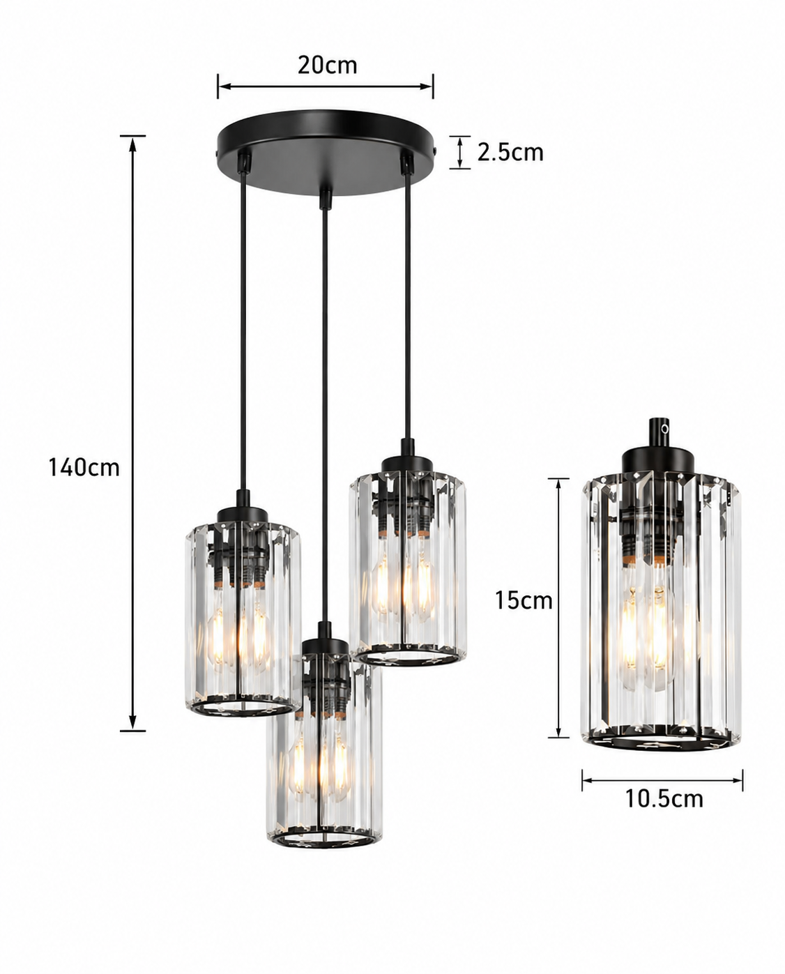 Lustre à 3 lumières en Verre Cristallin - Noir