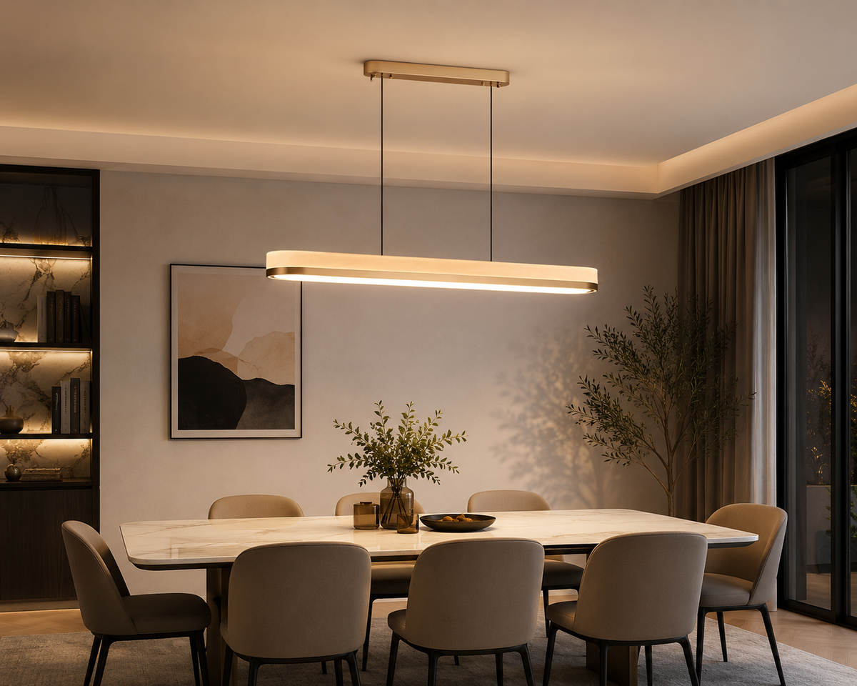 Lustre Linéaire Champagne – Design Minimaliste
