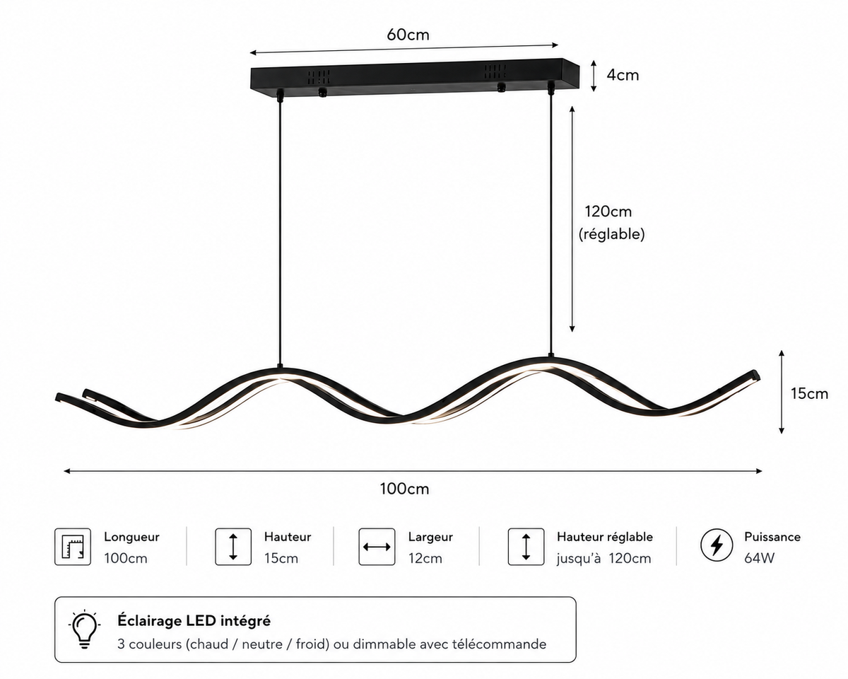Lustre Ondulée Noire – Design Moderne
